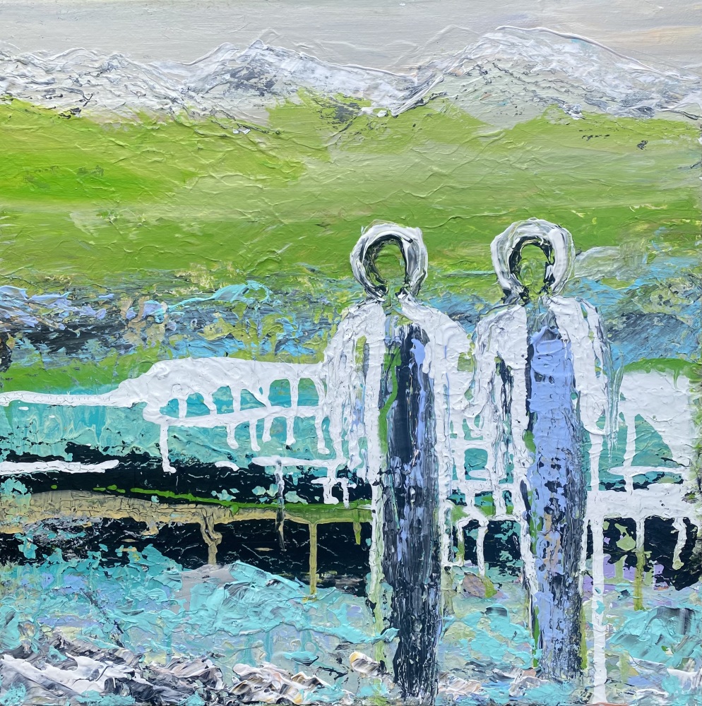 Blå grønt maleri “Badetur” 40x40 cm